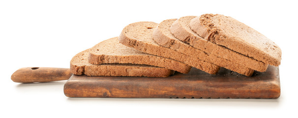 Cutting board with sliced fresh bread on white background
