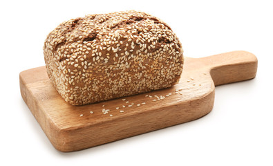 Board with fresh bread on white background