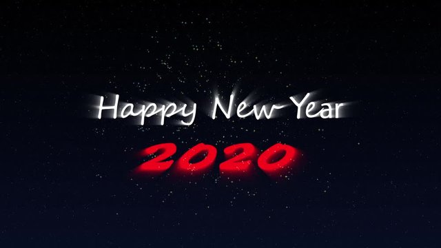 Happy New Year 2020 greeting text with sparkling fireworks illuminate explosion on night star sky background.  High-quality best stock abstract footage of Happy New Year 2020. Beautiful typography