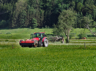 Tractor with front rotary mower machine in a field on the sidelines of the forest.