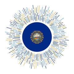 New Hampshire sign. US state flag with colorful rays. Radiant sunburst with New Hampshire flag. Vector illustration.