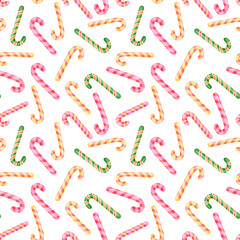 Watercolor candy canes on white seamless pattern. Christmas textile and paper design.