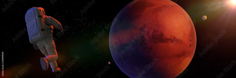 Canvas Prints astronaut waving during a space walk in orbit of planet mars, with moons phobos and deimos