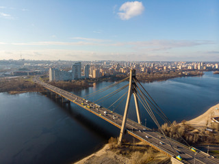Aerial view of Pivnichnyi bridge (ex Moskovsky bridge) over Dnieper in Kyiv, Ukraine