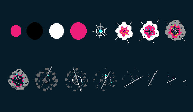 Pixel art explosion. Game icons set. Comic boom flame effects for emotion.