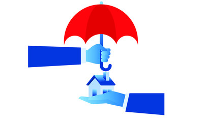 hand holding red umbrella and house. home protect insurance concept. blue flat illustration