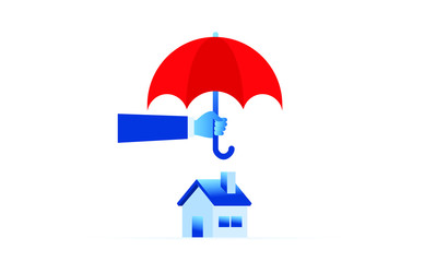 hand holding red umbrella and house. home protect insurance concept. blue flat illustration