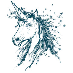 Christmas vector hand drawn unicorn with blue snowflakes © Mary fleur
