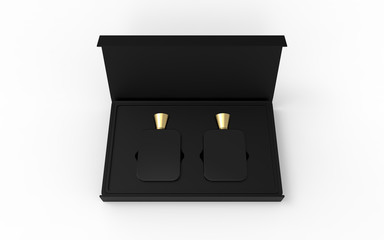 Two Glass perfume bottle mockup with open and closed package box on white background, 3d illustration.