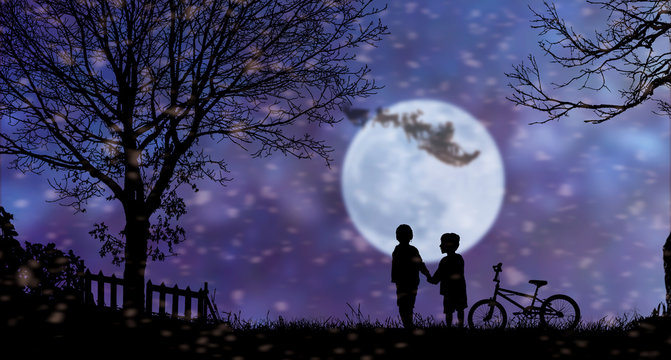 Kids Enjoying The Holiday Santa Claus Flying In His Sleigh Against Dreamy Dark Moon Night View.