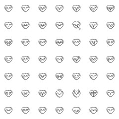 Valentine's day hearts emoji line icons set. linear style symbols collection, Heart shaped emoticon outline signs pack. vector graphics. Set includes icons happy mood expression, sad emotion, smiley