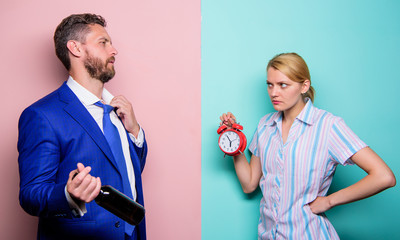 Alcoholism problem. Drunk man. Drunk worker after workday. Arguing. Breaking rules. Late again. Couple man and woman problem. Family conflict. Wife meet alcoholic guy. Housewife and drunk husband