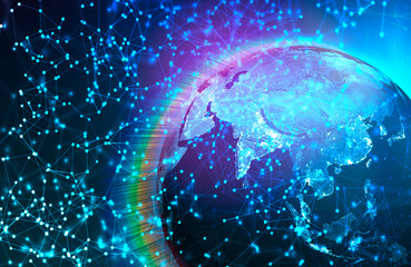 Multicolored rainbow glow of the earth in space and network abstract structure. Image Elements courtesy of NASA.