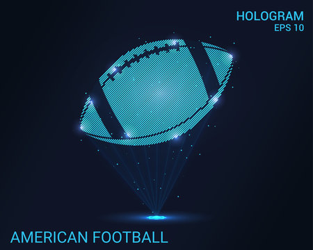 Hologram American football. A holographic projection of the ball for American football. Flickering energy flux of particles. Scientific sports design.