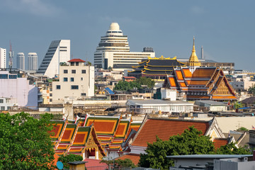 Bangkok cityscape with Wat Pho temple and skyscrapers, Thailand
