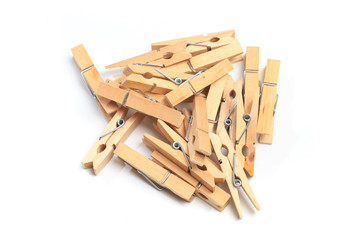 Brown wood clothes peg or clothespin on white background. - Image
