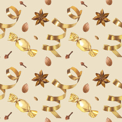 Seamless pattern with golden ribbons, candies, almond and species