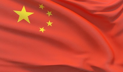 Waving national flag of China. Waved highly detailed close-up 3D render.