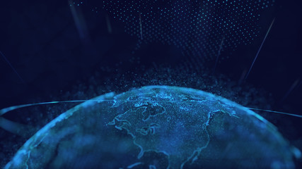 Global communication technology and telecommunication financial network around planet Earth. Blue tone image
