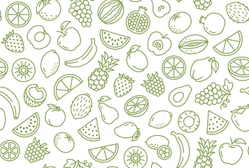 Foto op Plexiglas Fruit and berry background, abstract food seamless pattern. Fresh fruits wallpaper with apple, banana, strawberry, watermelon, line icons. Vegetarian grocery vector illustration, green white color © nadiinko