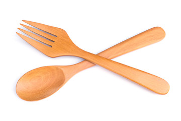 Wooden spoon and fork isolated on white background