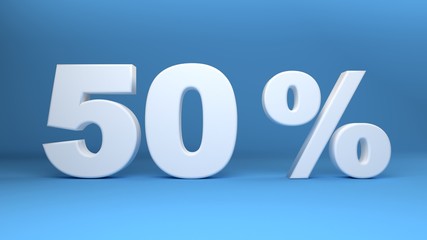 50 Percent, 3D text on light blue background, 3d illustration
