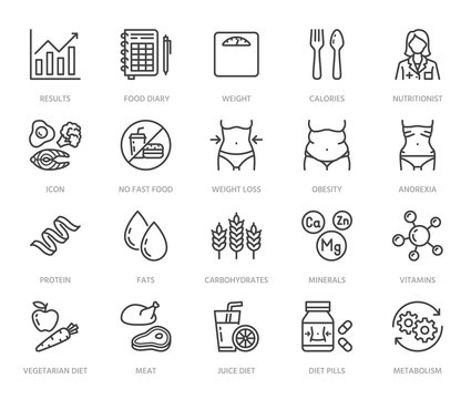 Nutritionist flat line icons set. Diet food, nutritions - protein, fat, carbohydrate, fit body vector illustrations. Outline pictogram for overweight treatment. Pixel perfect 64x64. Editable Strokes