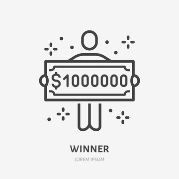 Lottery winner holding one million dollar check line icon, vector pictogram of prize. Money cheque illustration, casino reward sign