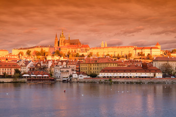Fototapeta na wymiar View of colorful old town and Prague castle with river Vltava, Czech Republic
