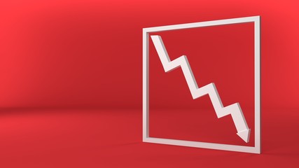 Fototapeta na wymiar Financial chart moving downward, negative numbers, descending white chart arrow on red background 3d illustration