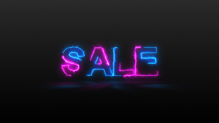 Abstract graphic background and texture, the word sale, neon pink and blue tone, letters on a dark background