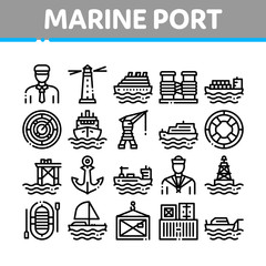 Marine Port Transport Collection Icons Set Vector Thin Line. Port Dock And Harbor, Lighthouse And Anchor, Captain And Sailor, Crane And Ship Concept Linear Pictograms. Monochrome Contour Illustrations