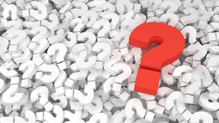 Red question mark on a background of white question marks. 3d illustration design abstract