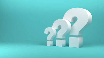3d render of three question marks on light blue background