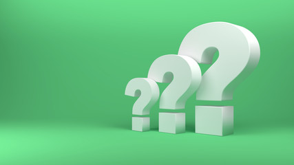 3d render of three question marks on light green background