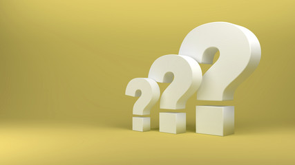 3d render of three question marks on yellow background