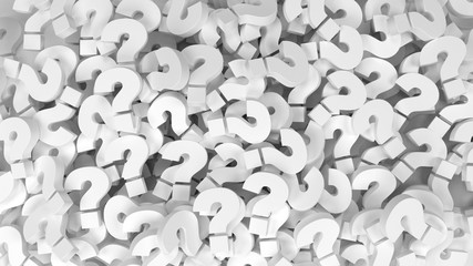 Plain white question marks in white, in a pile, 3d render