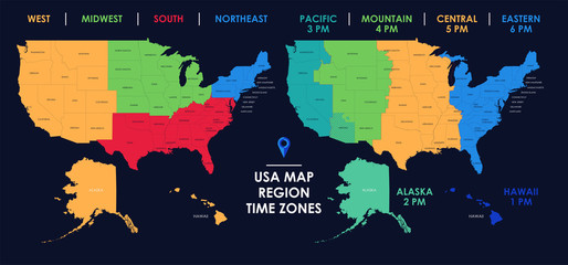 Detailed map of US regions and time zones, Colorful infographics of the United States of America, vector illustration