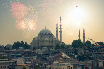 Istanbul the capital of Turkey with fireworks.