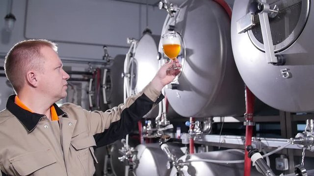 Small business and manufacturing concept. Brewers testing beer at brewery