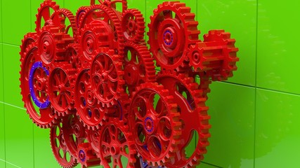Mechanism, red metallic gears and cogs at work on green background. Industrial machinery. 3D illustration. 3D high quality rendering.