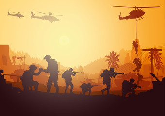 Fototapeta na wymiar Military vector illustration, Army background, soldiers silhouettes. 