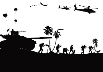Obraz na płótnie Canvas Military vector illustration, Army background, soldiers silhouettes. 