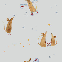 Seamless pattern with watercolor little mouses, snowflakes, yellow stars and constellation on the white background. May use as a textile print, wrapping paper.