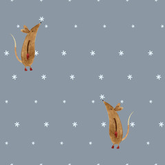 Seamless pattern with white snowflakes and mouse that catches snowflake. Light blue background. may use as textile pattern, wrapping paper.