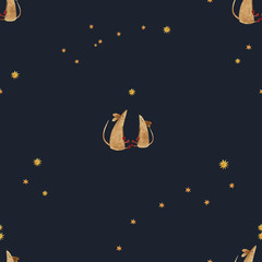 Seamless pattern with watercolor mouse that look at the star. Their surround the constellations. Dark blue background. May use for textile pattern, wrapping paper.