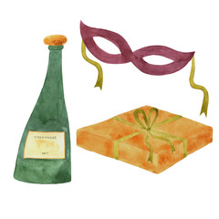 Isolated items: bottle of champagne, dark red mask and yellow giftbox with light green ribbon