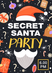 Secret Santa invitation template. Santa Claus hat, moustache and beard with gift and lettering. Design concept for invitation, poster, banner etc. Vector.