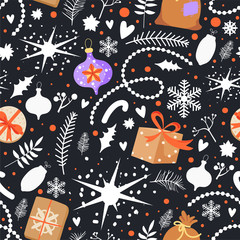 Happy New Year background. Seamless pattern with snowflake, fir-tree branch, floral element and other decorations. Texture for textile, wrapping paper, packaging etc. Vector on black background.