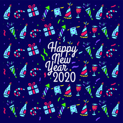 Happy new year 2020 pattern, hand drawn line with digital color, vector illustration